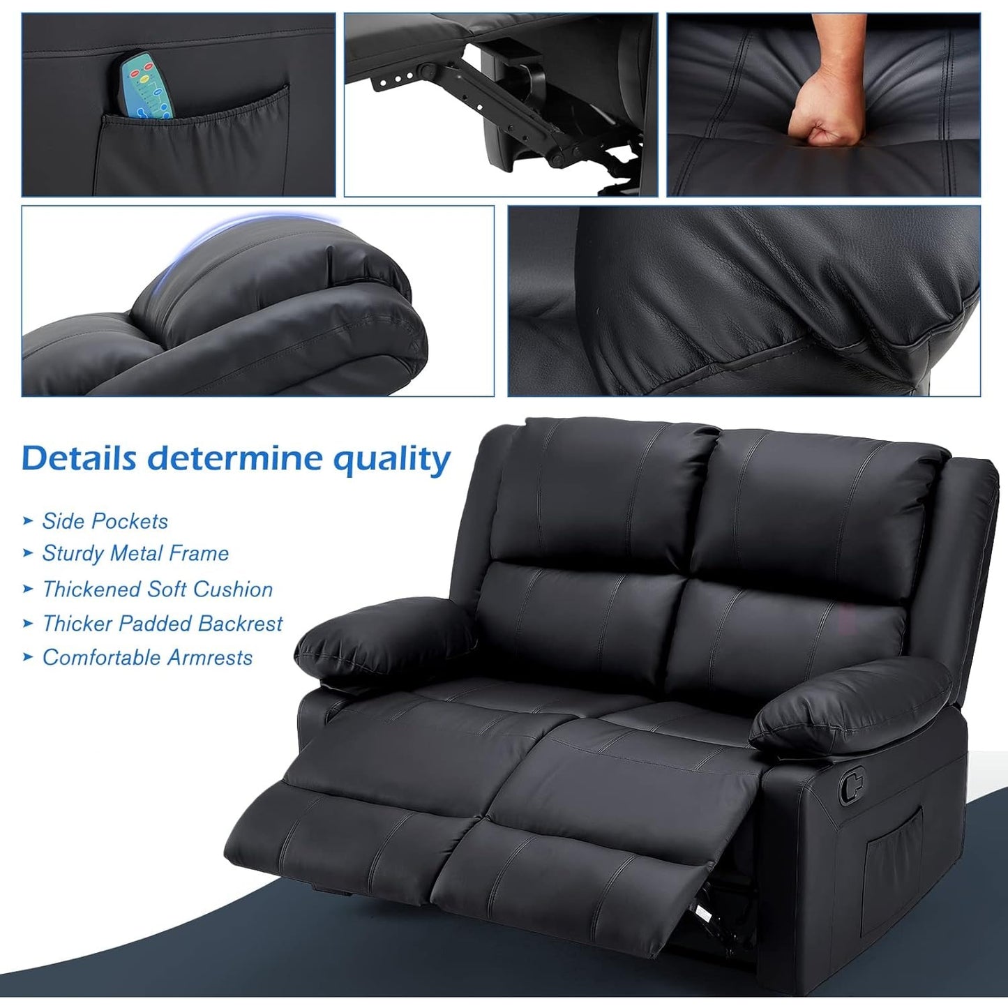 YODOLLA 2 Seat Loveseat Recliner with Heat&Massage Function, Faux Leather