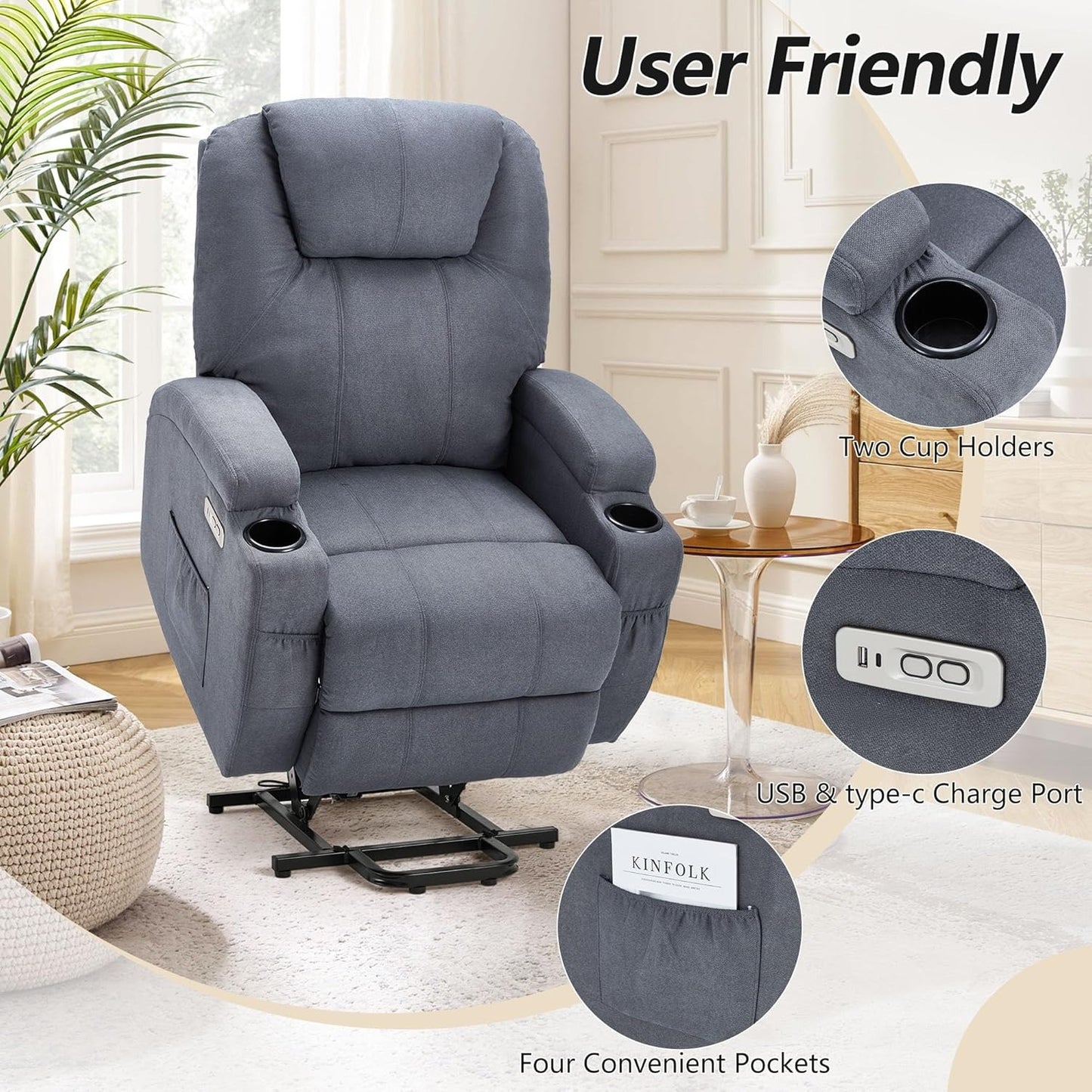 YODOLLA Power Lift Recliner Chair for Elderly with Side Pockets, Fabric, Blue