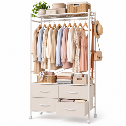 YODOLLA Rolling Clothes Rack with 4 Fabric Drawers, Portable Closet Organizer for Hanging Clothes
