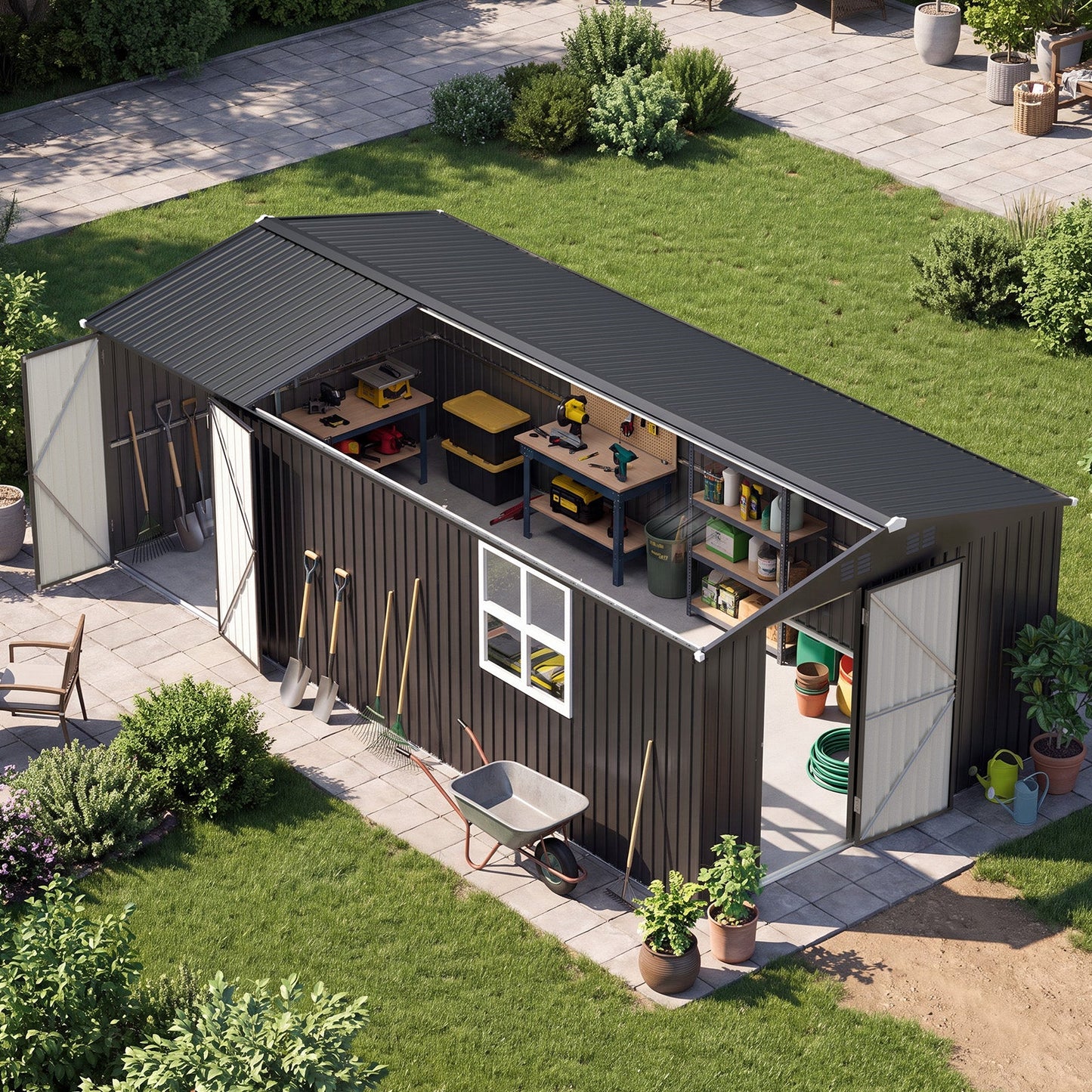 YODOLLA 20' x 10' Outdoor Storage Shed Large Metal Sheds with Windows Utility Tool Storage