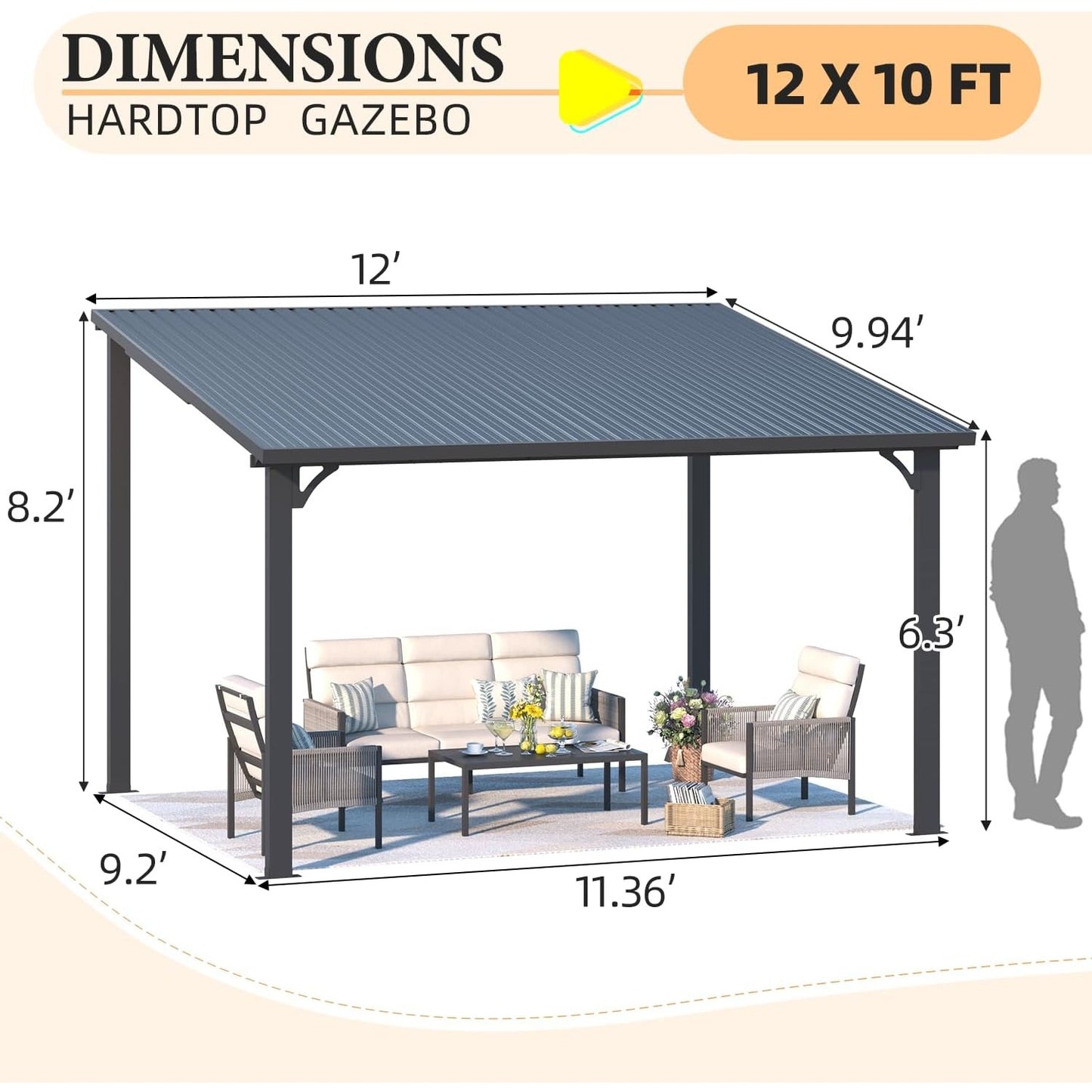 YODOLLA Hardtop Gazebo, Wall-Mounted Lean to Metal Awnings Pergola