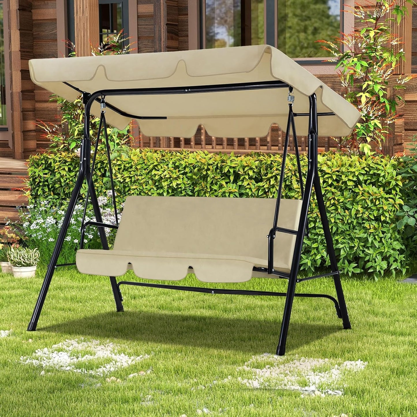 YODOLLA 3-Seat Outdoor Patio Swing with Canopy, Beige