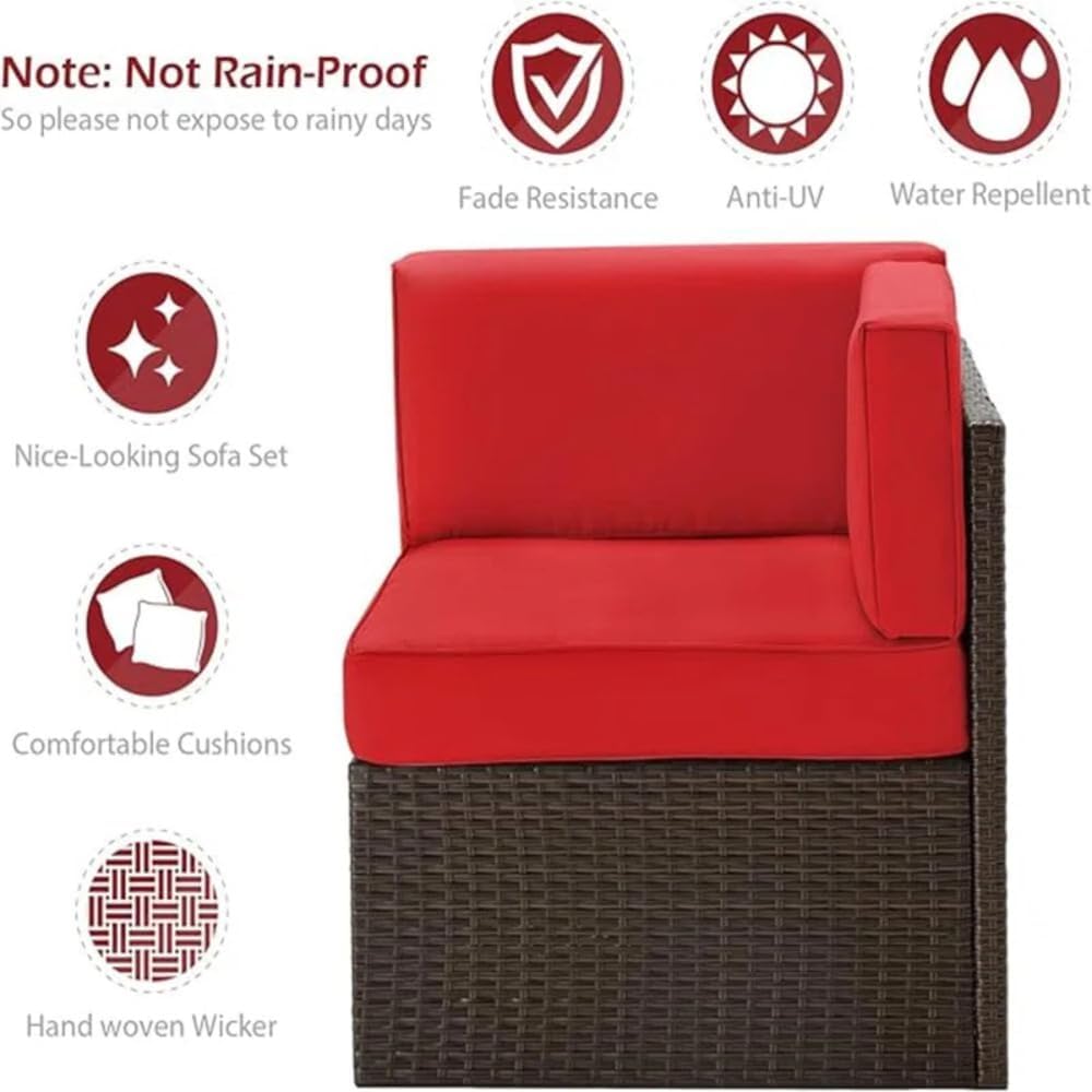 YODOLLA 7 Piece Outdoor Patio Furniture Set with Extra 43'' Fire Pit Table, Brown Rattan & Red Cushion