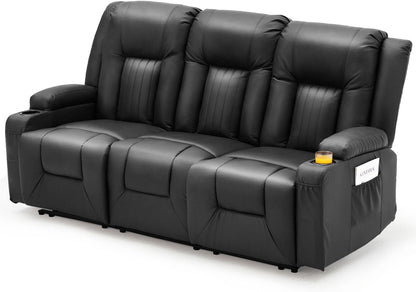 YODOLLA 3-Seat Recliner Sofa, Black Faux Leather