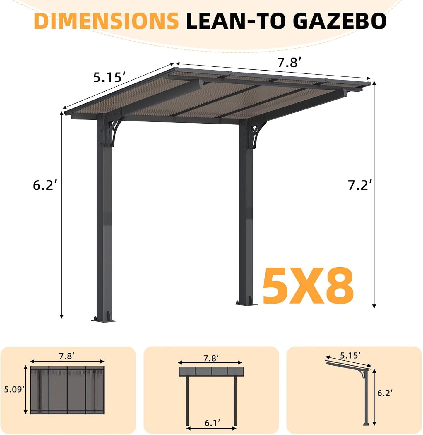 YODOLLA 8' x 5' Hardtop Pergola, Wall-Mounted Grill Gazebo & Carport for Patio, Deck & Outdoor Use