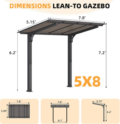 YODOLLA 8' x 5' Hardtop Pergola, Wall-Mounted Grill Gazebo & Carport for Patio, Deck & Outdoor Use