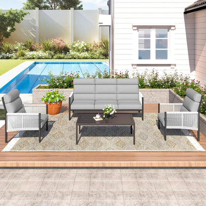 YODOLLA 4 Pieces Aluminum Patio Furniture Set with PE Rope Armrest, Light Grey