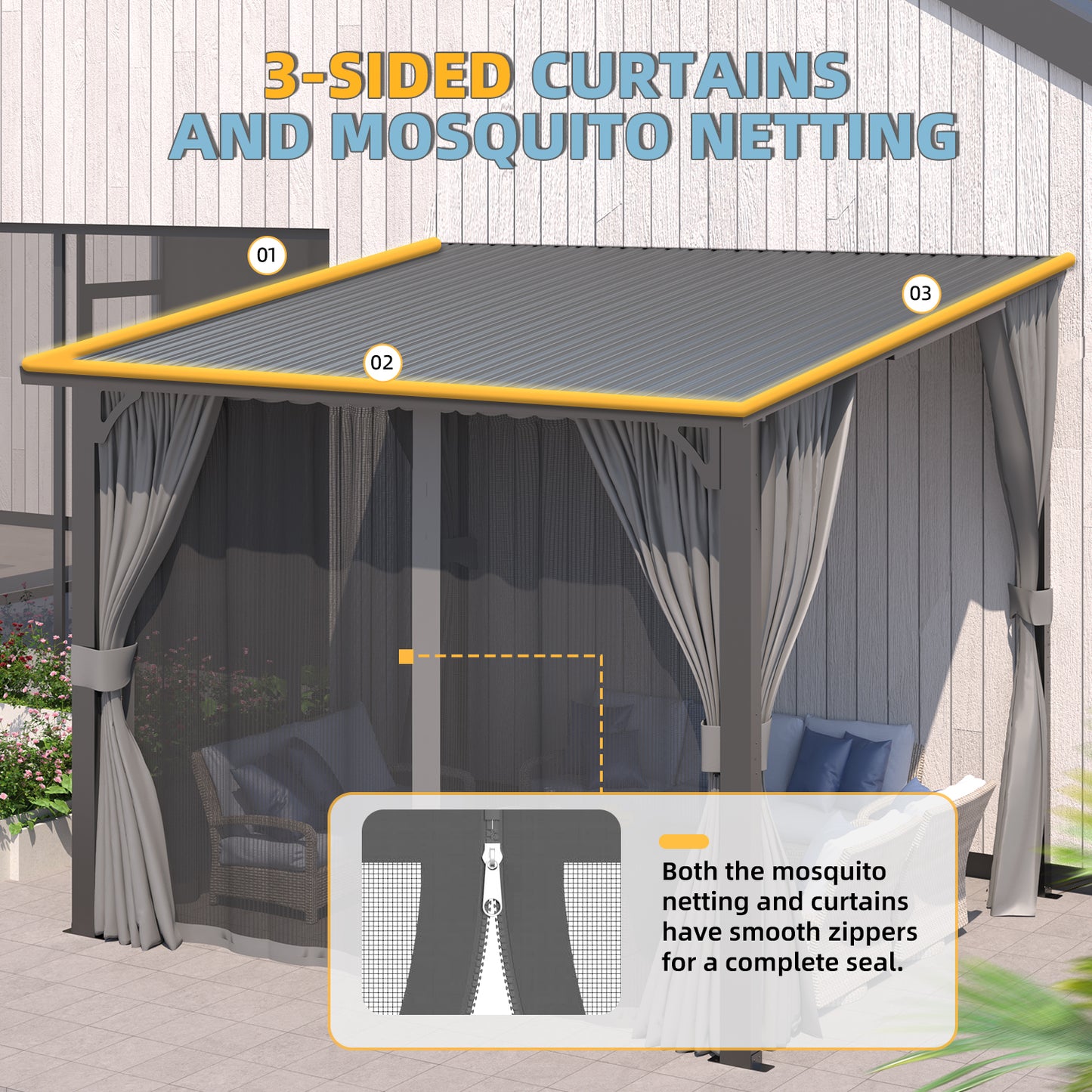YODOLLA 12' x 10' Outdoor Pergola Hardtop Gazebo with Curtains and Netting for Patio