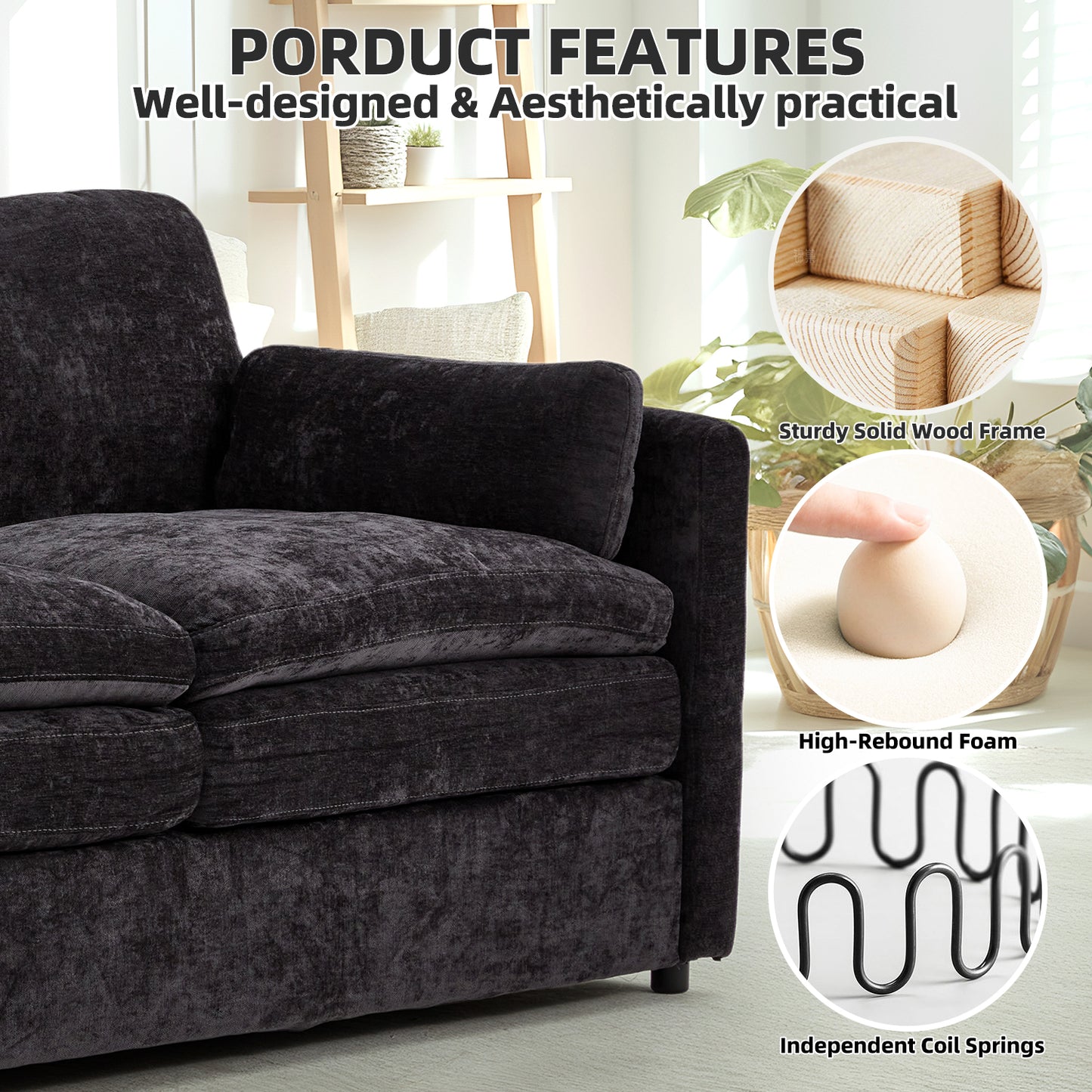 YODOLLA 89" Chenille Sofa, 3-Seater, 2 Removable Pillows, Black