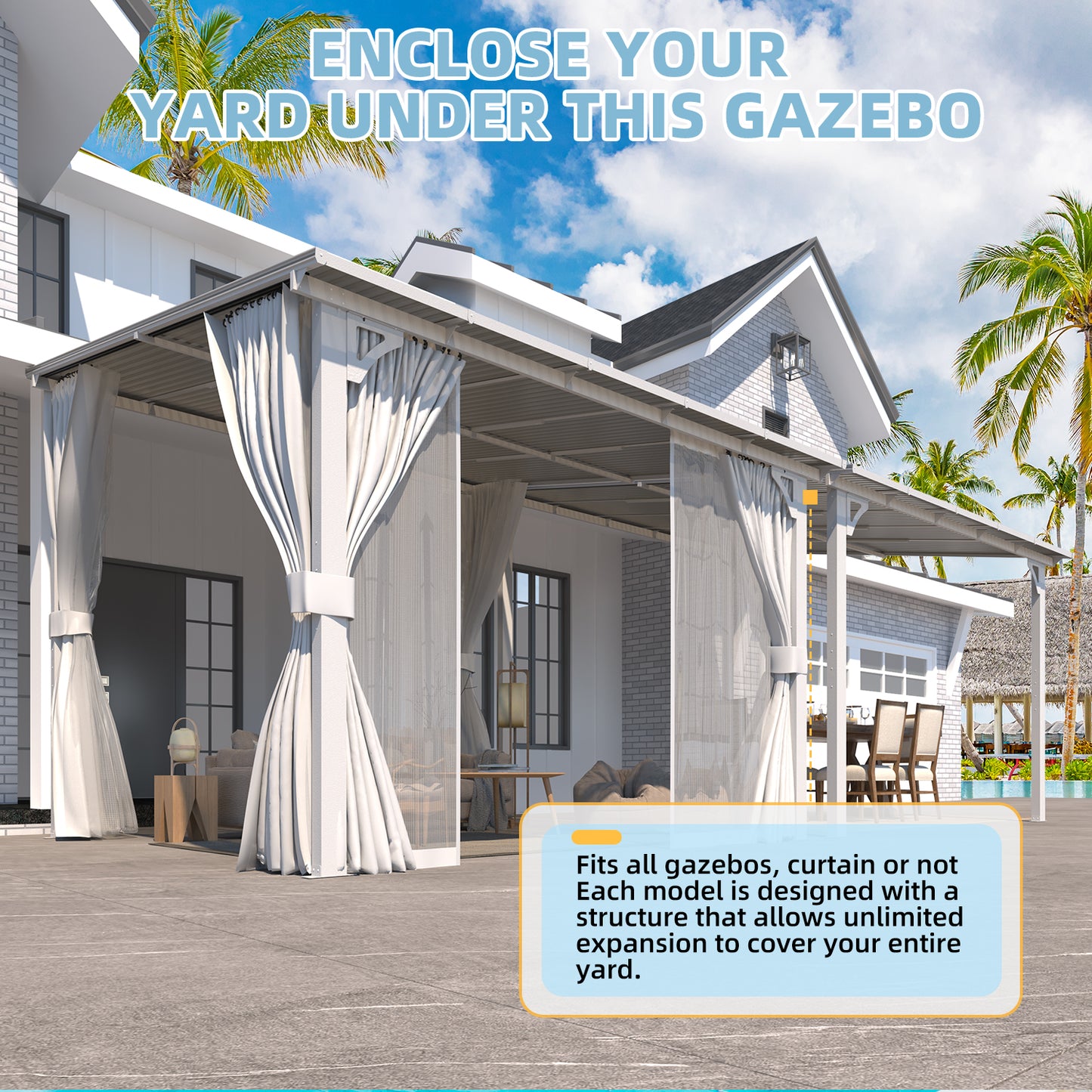 YODOLLA 10'x8' Outdoor Lean to Gazebo Pergola with Curtain and Netting for Patio, White