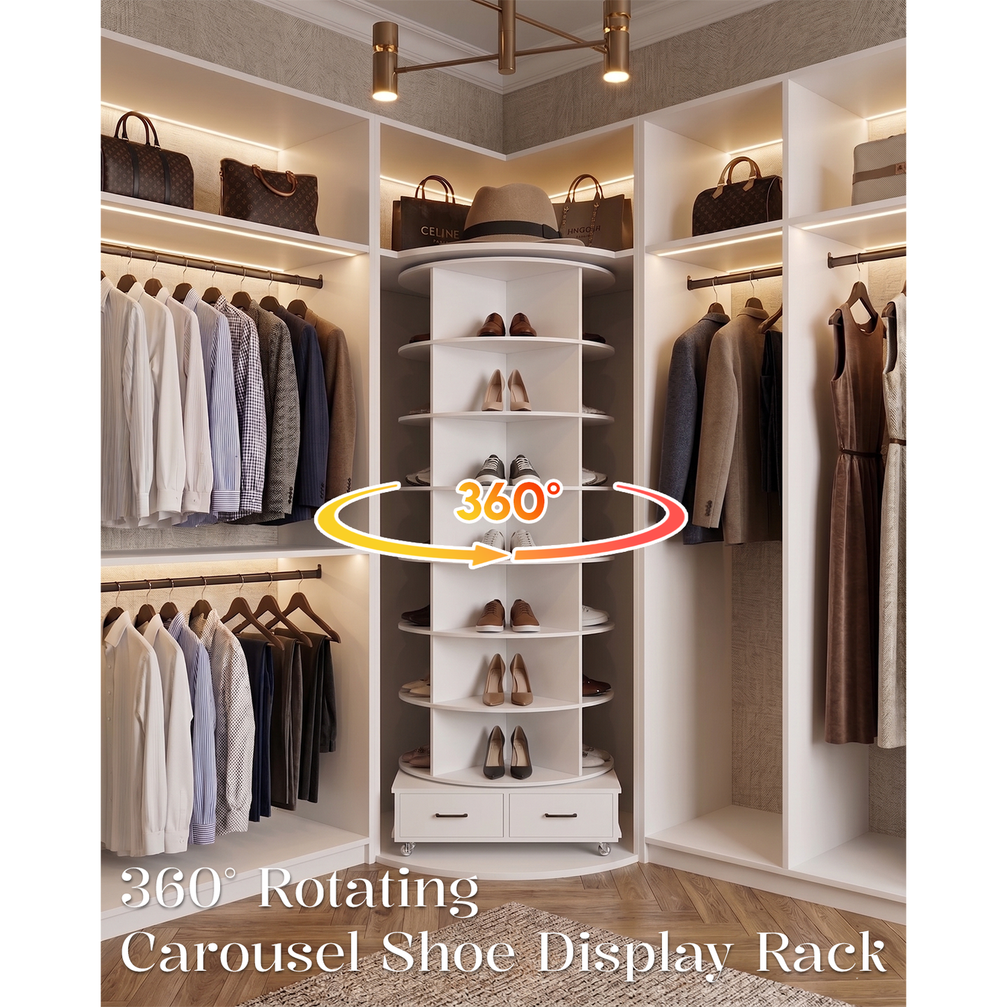 YODOLLA 8 Tier Rotating Shoe Rack Contains 2 Drawers Shoe Tower Organizer