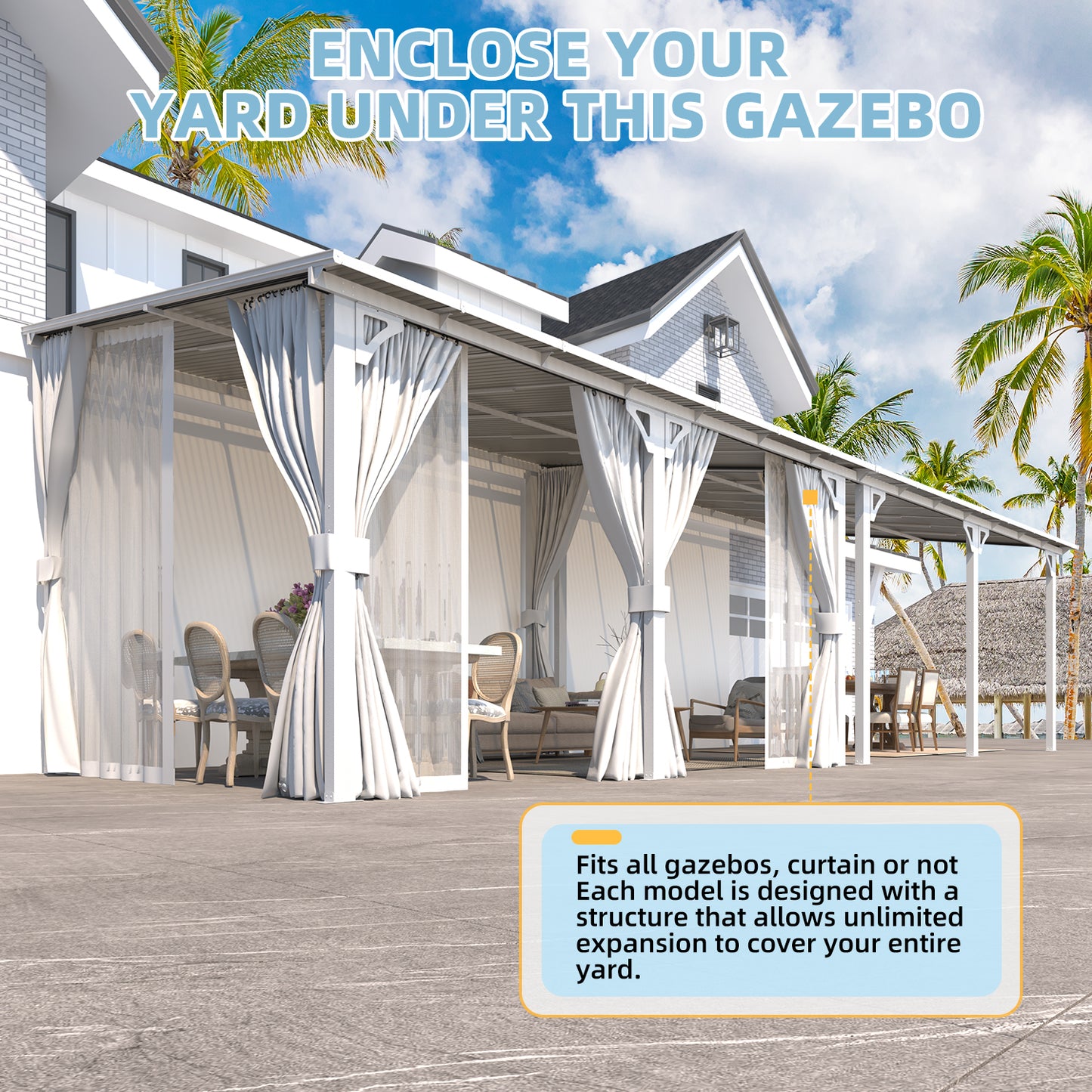 YODOLLA 14'x12' Outdoor Lean to Gazebo Pergola with Curtain and Netting for Patio, White