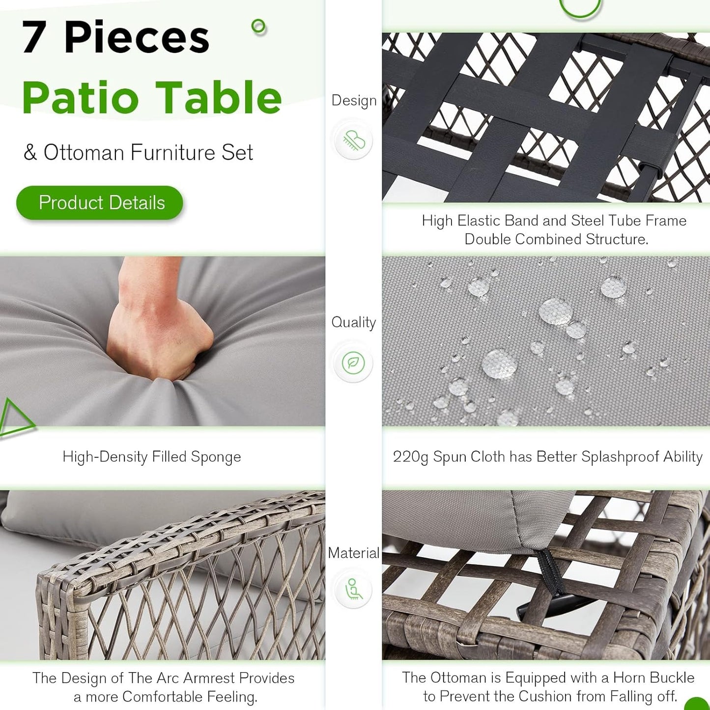 YODOLLA 7 Pieces Wicker Conversation Set with Ottoman Patio Furniture Set, Grey