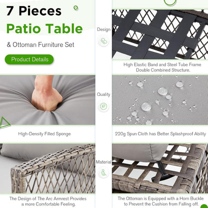 YODOLLA 7 Pieces Wicker Conversation Set with Ottoman Patio Furniture Set, Grey