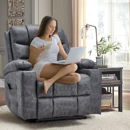 YODOLLA Wide Armrests Electric Recliner Nursery Chair, Faux Leather, Gray Blue