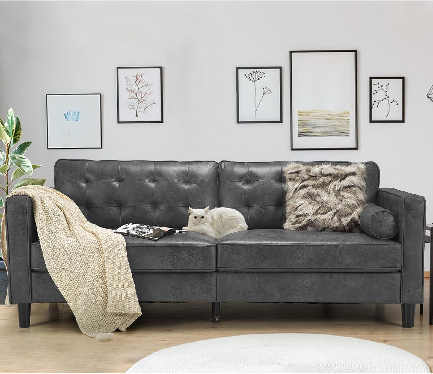 YODOLLA 84.2" 3-Seats Large Sofa Couch Couch, Faux Leather Gray