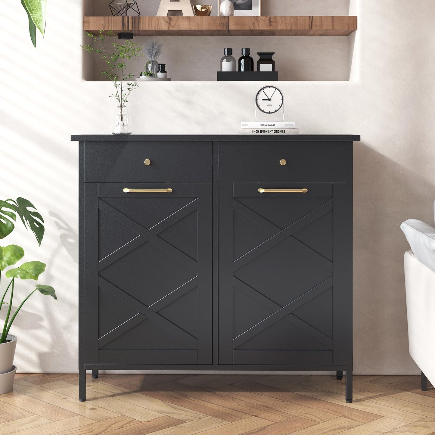 YODOLLA Double Tilt Out Trash Can Cabinet with 2 Drawers