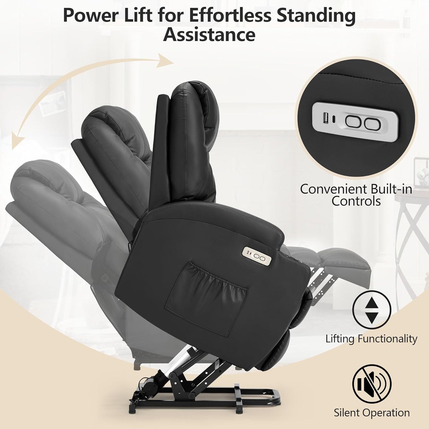YODOLLA Power Lift Recliner Chair for Elderly with Side Pockets, PU Leather, Black