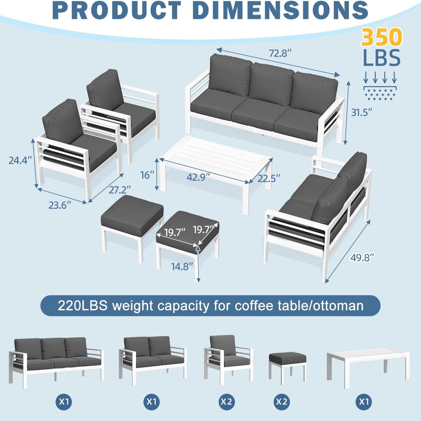 YODOLLA 7-Piece Patio Set, Dark Gray Cushions