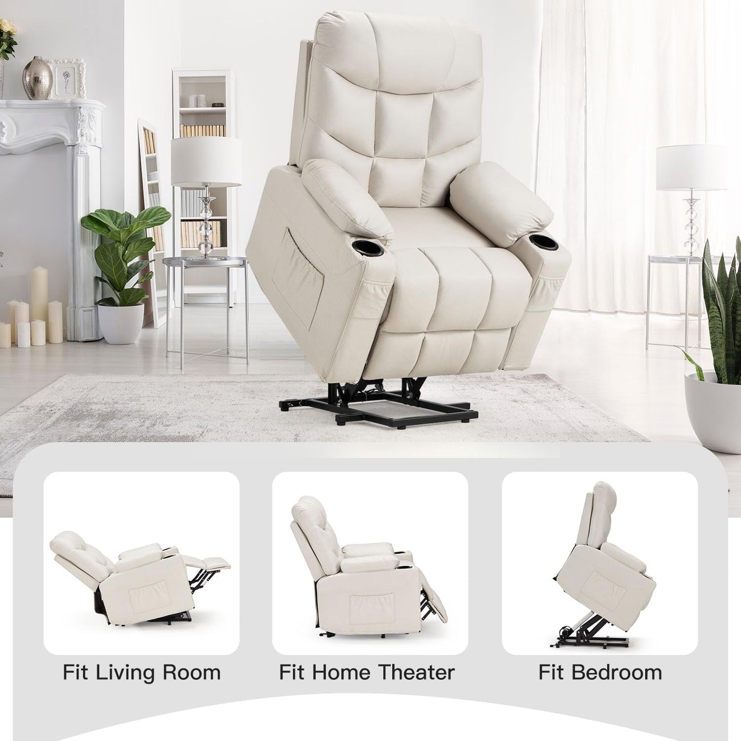 YODOLLA Massage Power Lift Recliner for Elderly, Faux Leather, Cream White