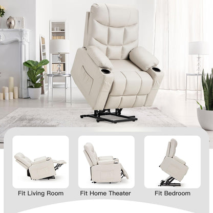 YODOLLA Massage Power Lift Recliner for Elderly, Faux Leather, Cream White