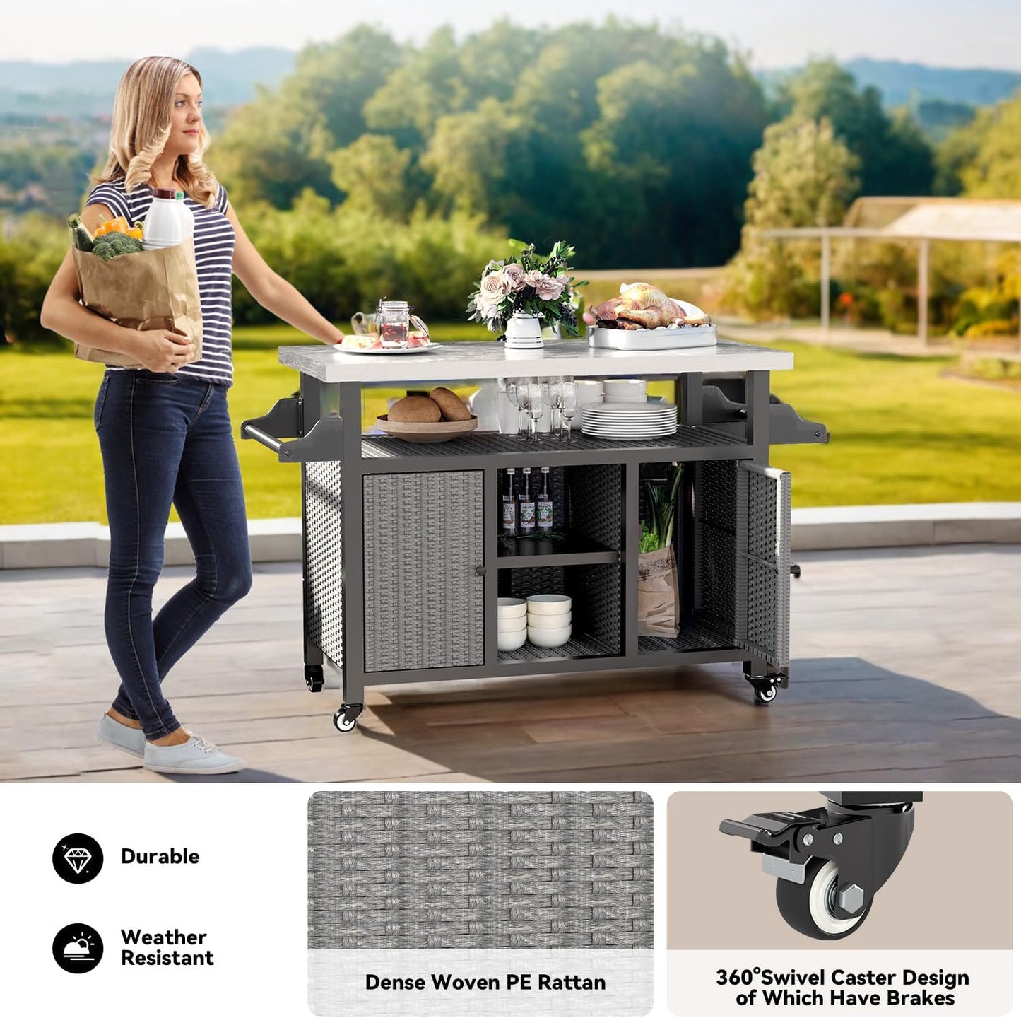 YODOLLA Rattan Outdoor Bar Cart with Wheels and Storage, Gray