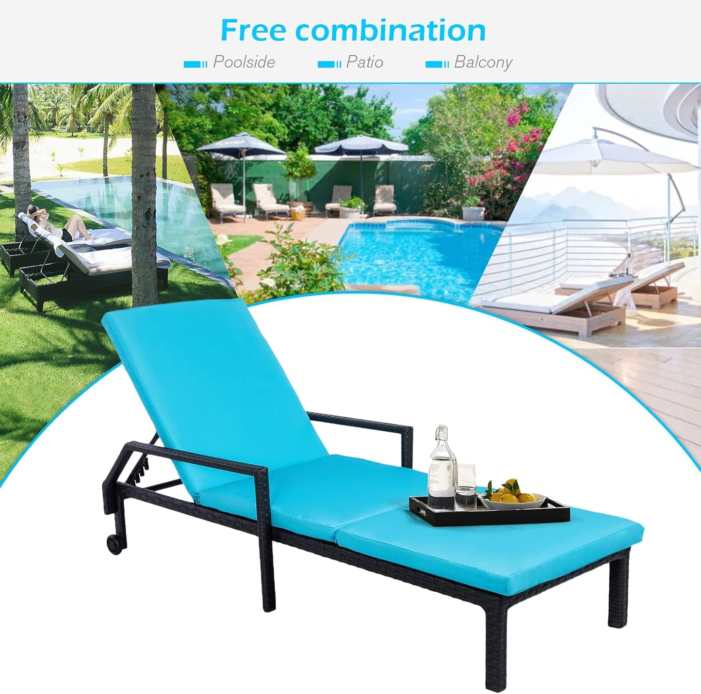 YODOLLA Outdoor Lounge Chairs, Black Rattan with Blue Cushion