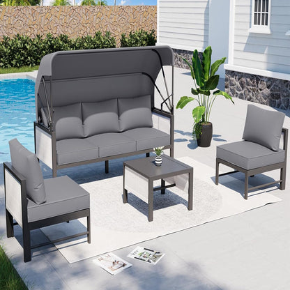 YODOLLA 4 Pieces Aluminum Patio Furniture Set, Retractable Canopy, Light Grey