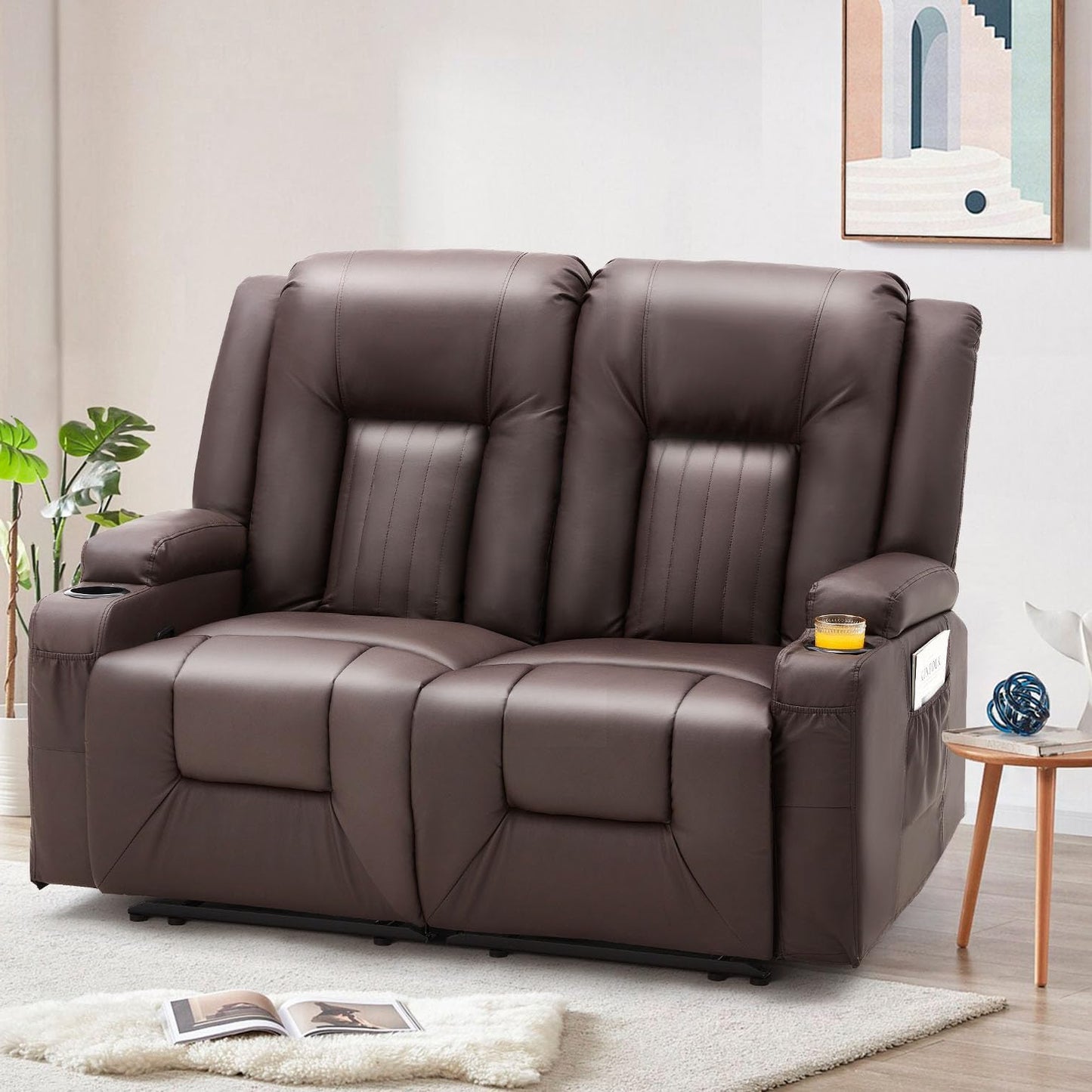YODOLLA 2-Seat Recliner Sofa, Faux Leather, Cup Holders, Brown