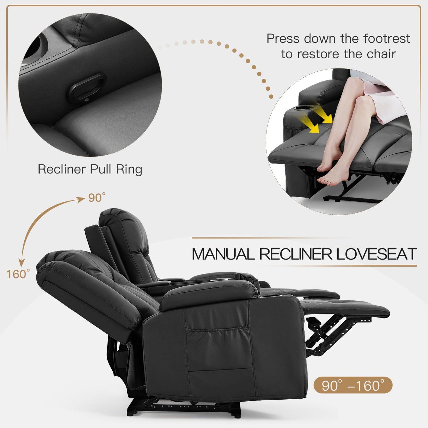 YODOLLA Faux Leather RV Loveseat w/ Console & USB, Black