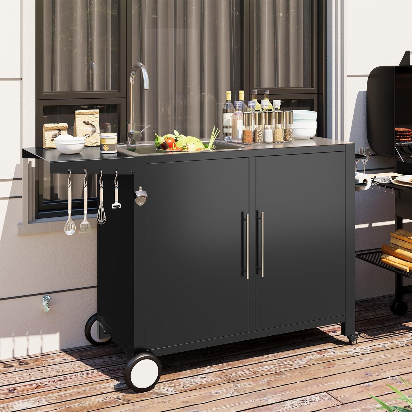 YODOLLA Grill Table with Sink, Stainless Steel Kitchen Island Cabinets Sink Station