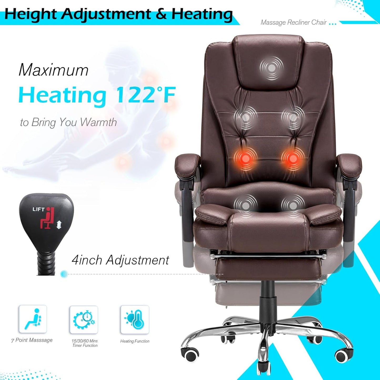 YODOLLA Massage Office Chair with Heat w/Retractable Footrest, Brown