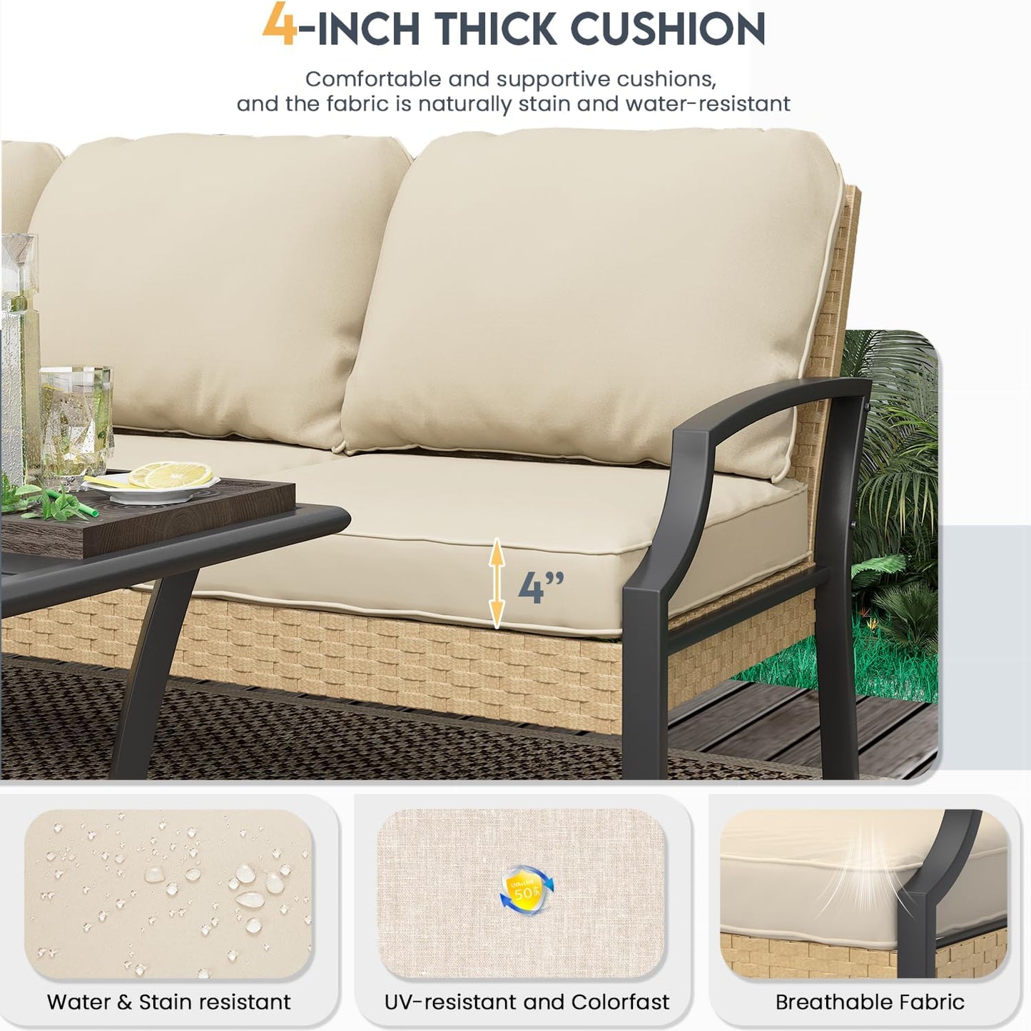 YODOLLA Outdoor Patio Furniture Set, 4 Piece Rattan Conversation Bistro Set with Coffee Table