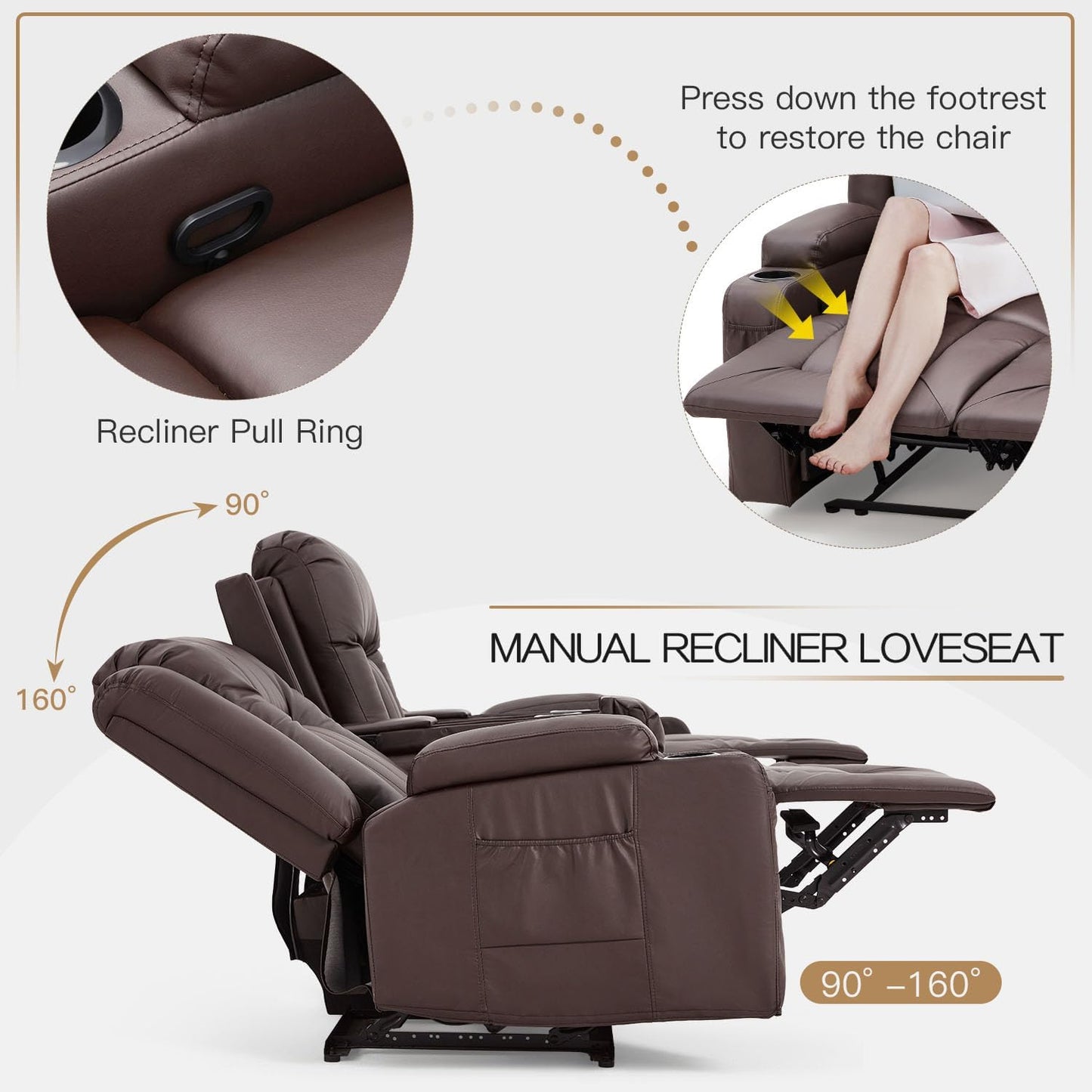 YODOLLA Faux Leather Recliner Sofa w/ Console, Brown