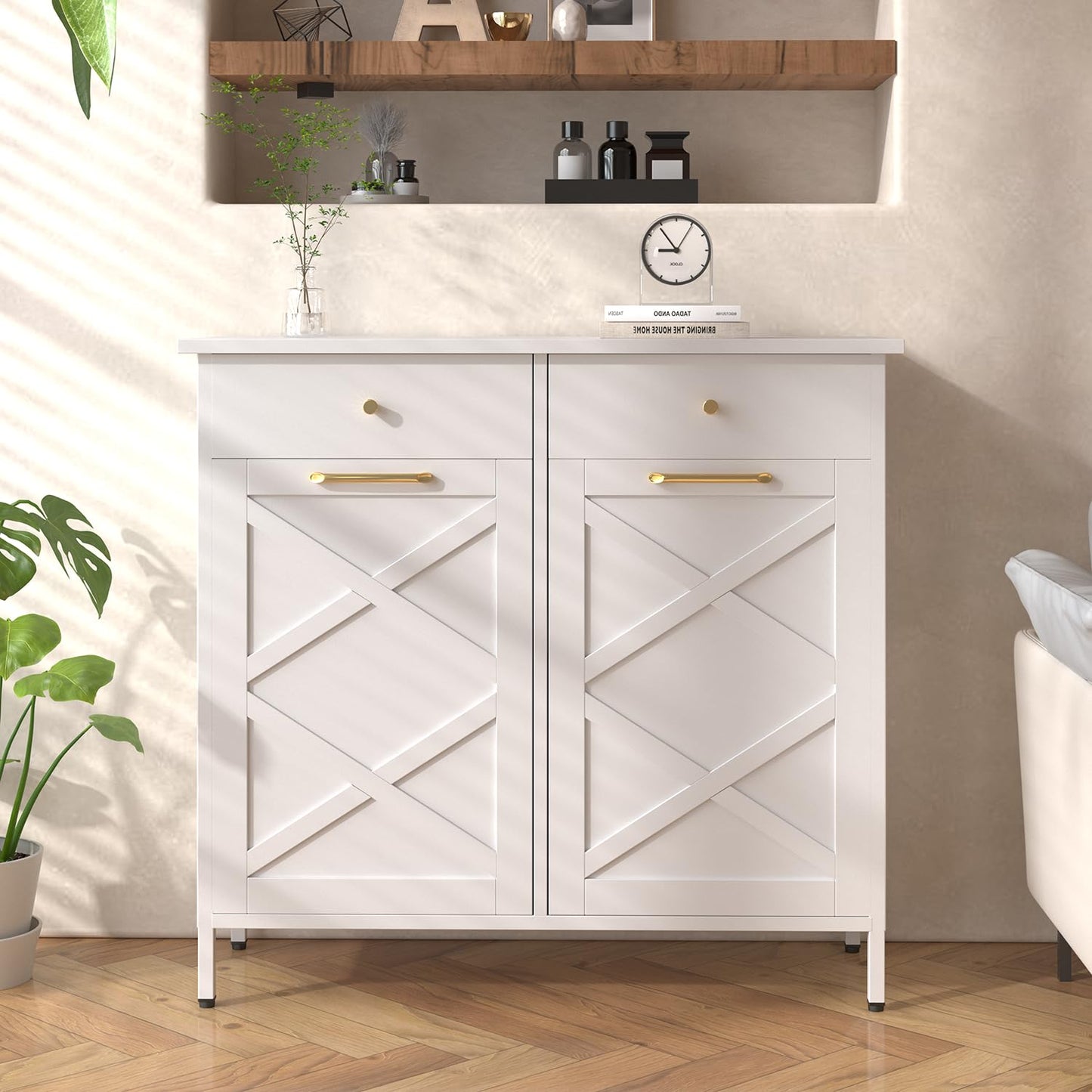 YODOLLA Double Tilt Out Trash Can Cabinet with 2 Drawers