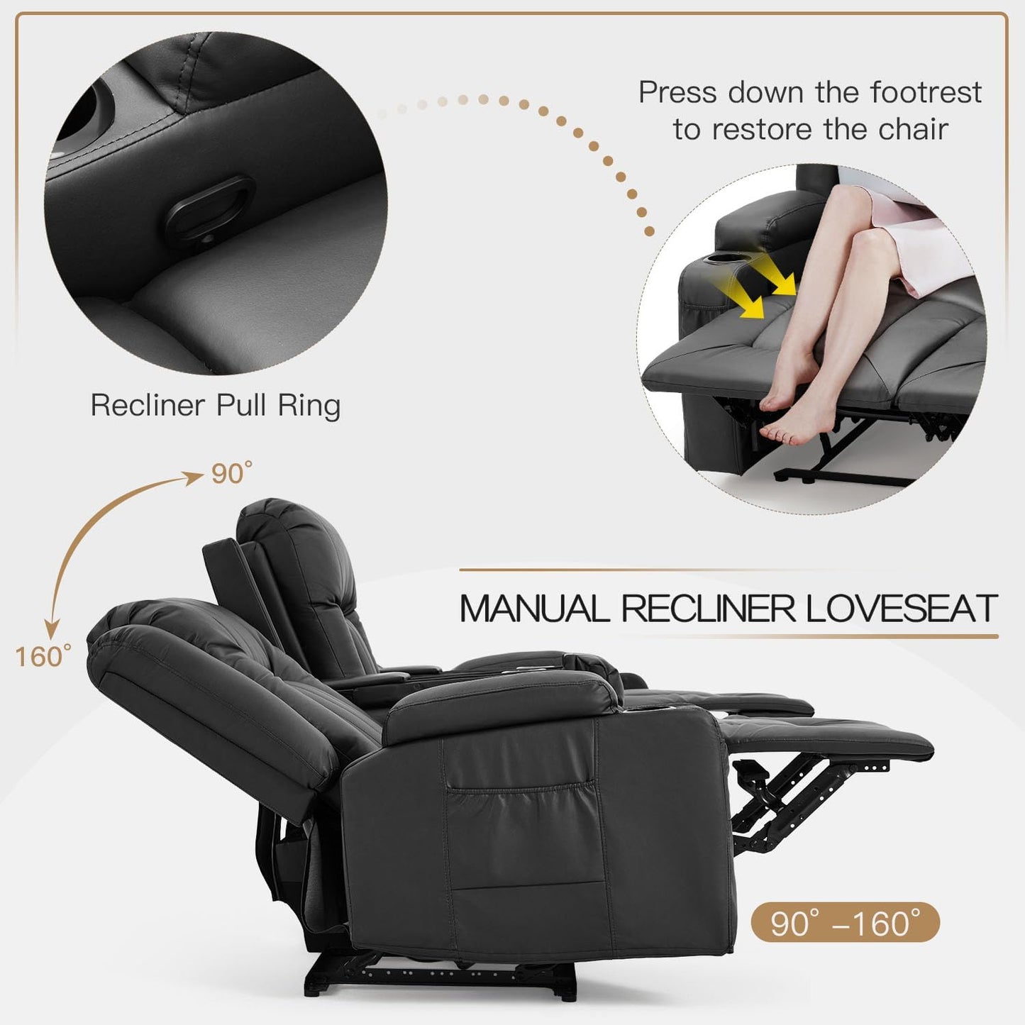 YODOLLA Faux Leather Recliner Sofa w/ 2 Consoles, Black