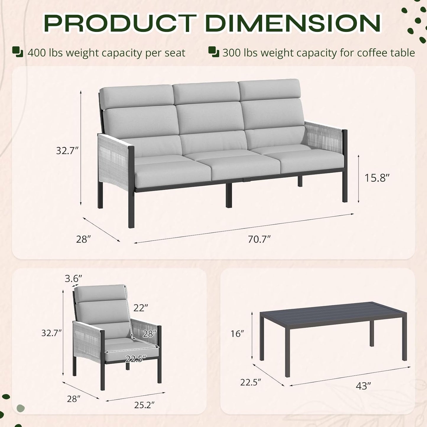 YODOLLA 4 Pieces Aluminum Patio Furniture Set with PE Rope Armrest, Light Grey