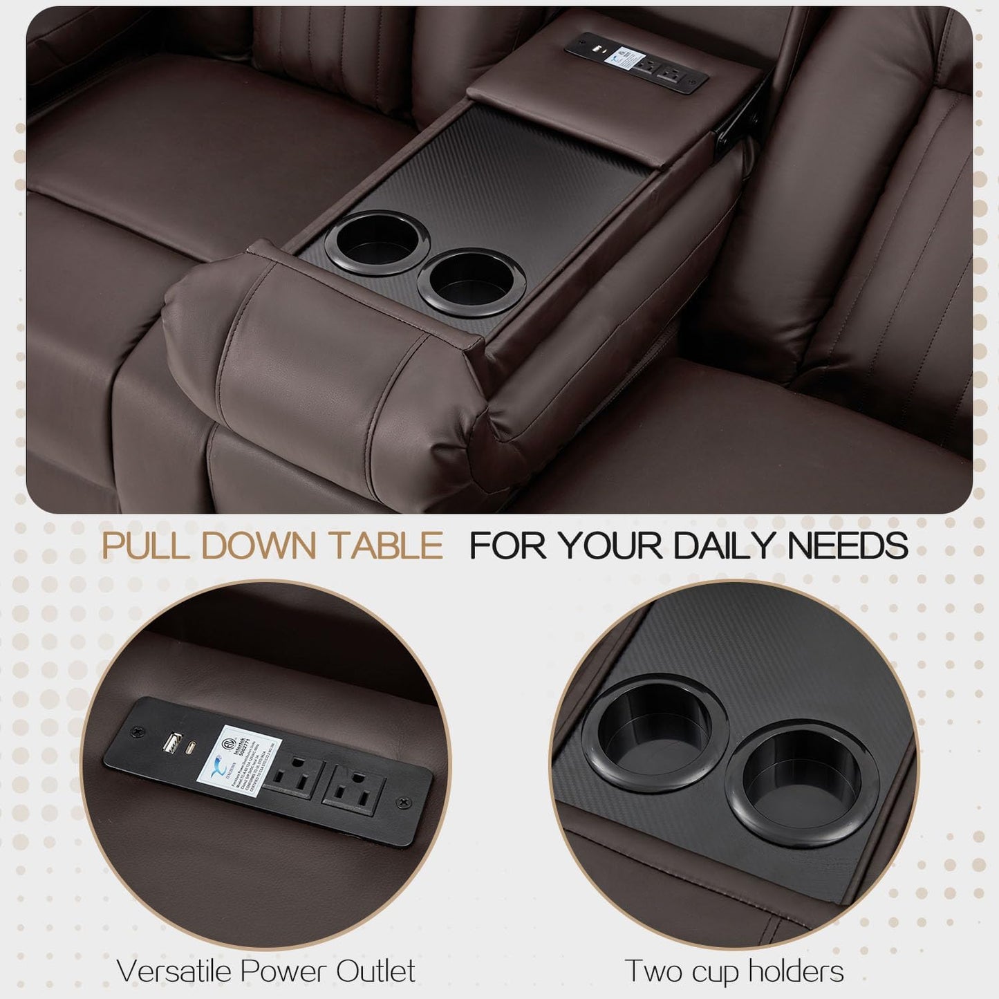 YODOLLA Brown Reclining Sofa w/ 2 Consoles & Speakers