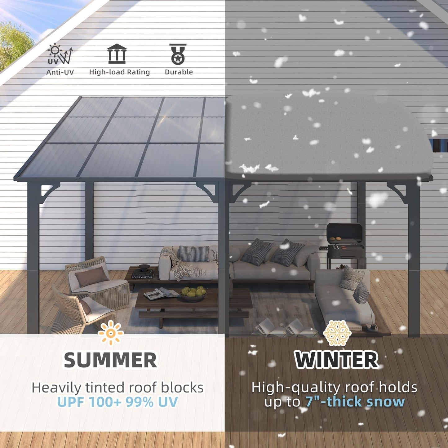 YODOLLA 14' x 12' Outdoor Pergola, Large Wall-Mounted Hard Top Gazebo, Dark Gray