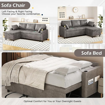 YODOLLA Faux Leather L-Shaped Sleeper Sofa, Pullout Bed, USB & Storage, Gray
