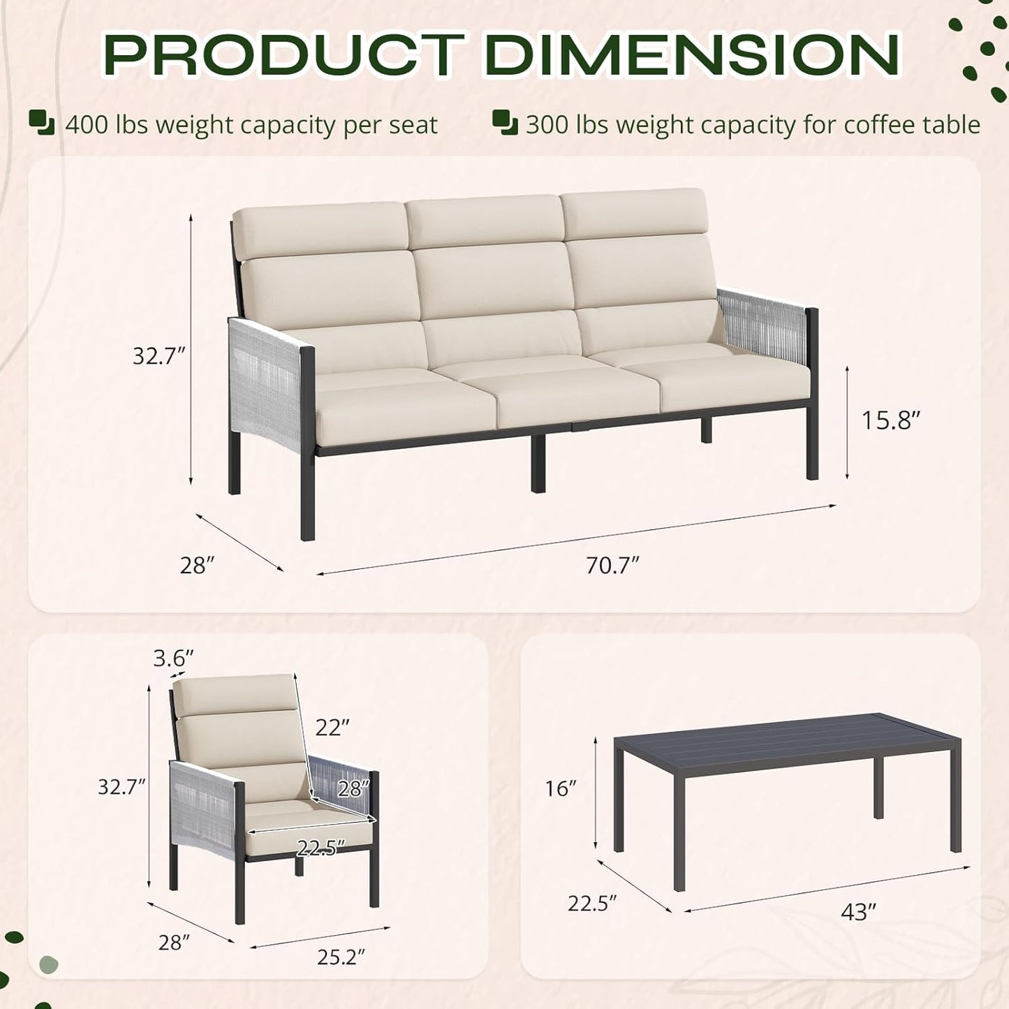 YODOLLA 4 Pieces Aluminum Patio Furniture Set with PE Rope Armrest, Beige