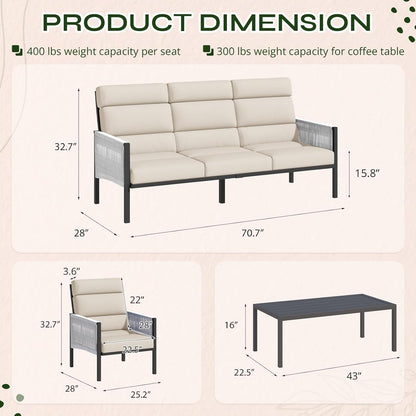 YODOLLA 4 Pieces Aluminum Patio Furniture Set with PE Rope Armrest, Beige