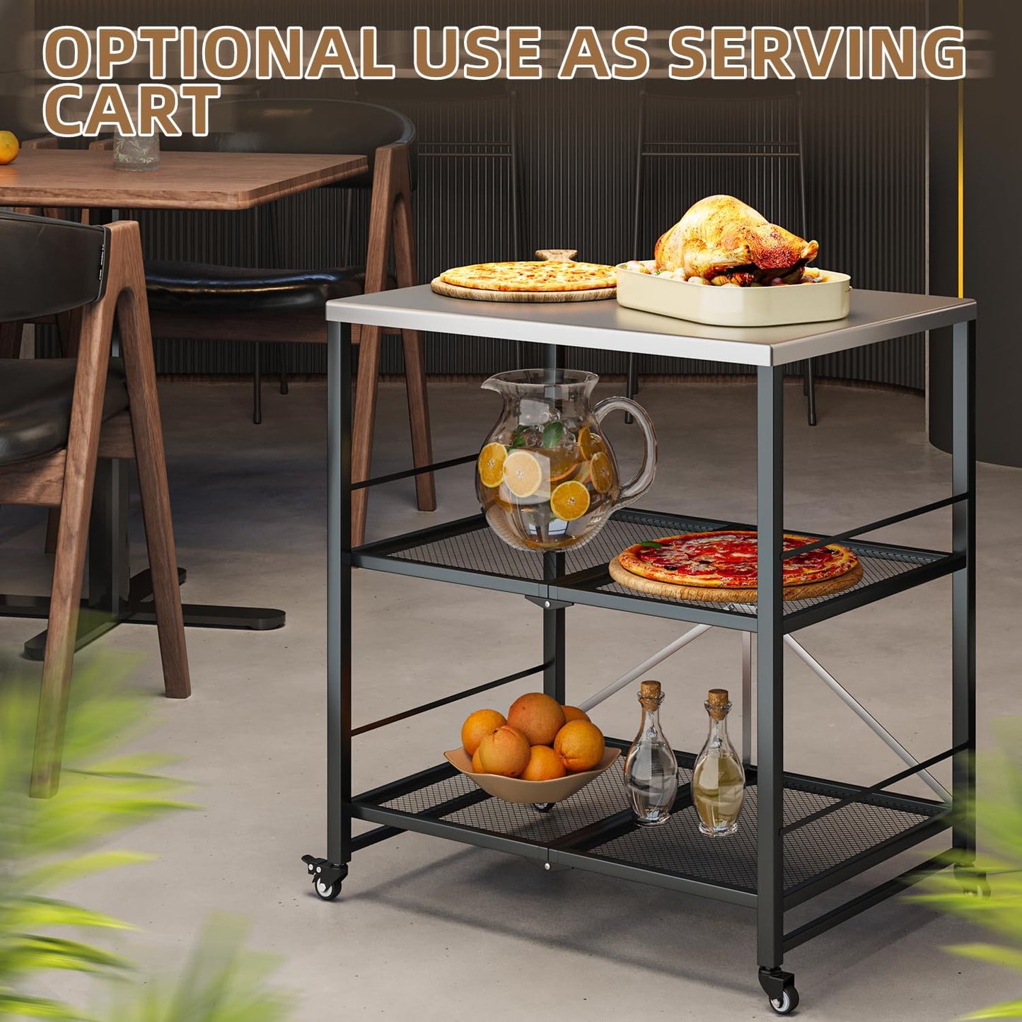 YODOLLA Stainless Pizza Oven Table with 2 Lock Casters, Silver