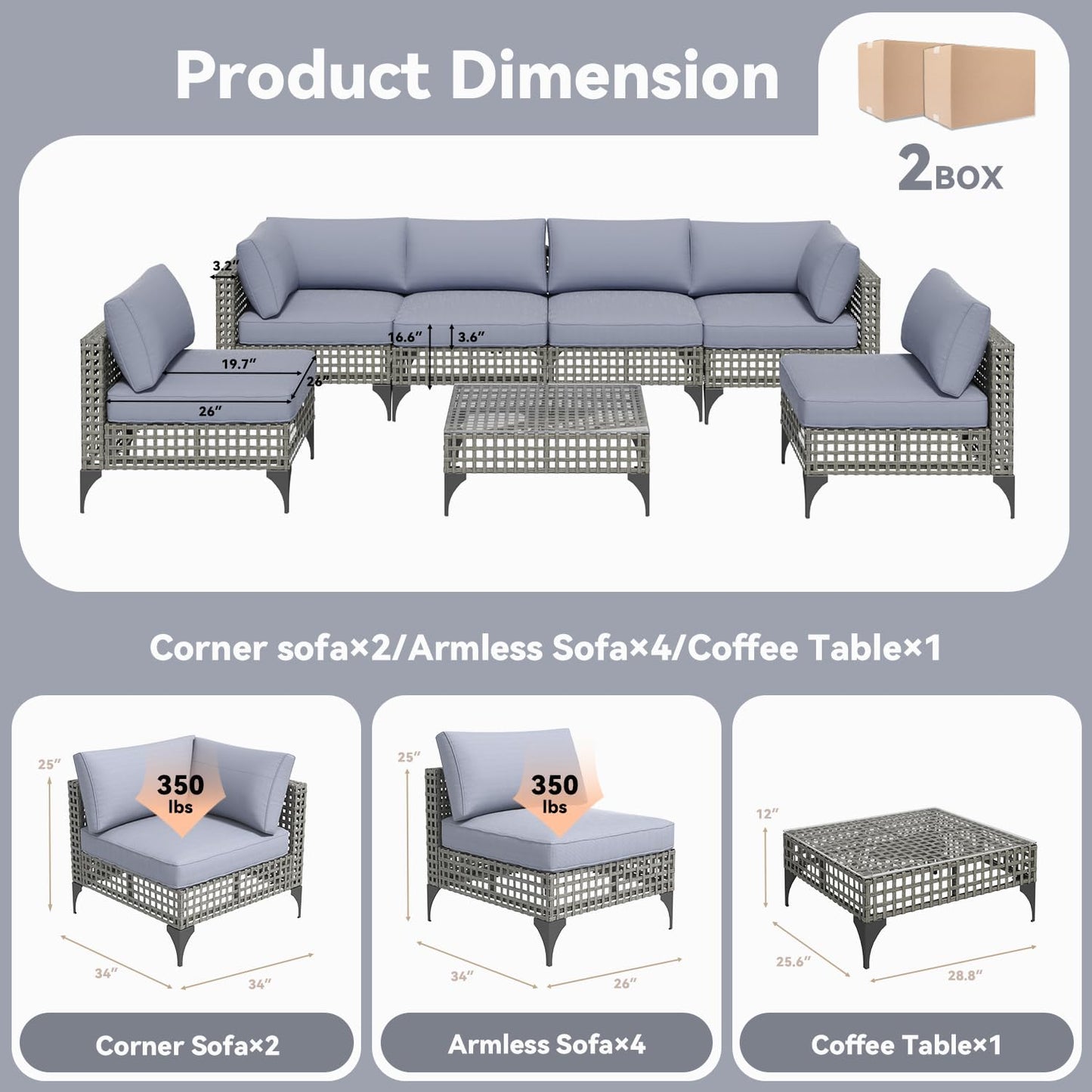YODOLLA 7-Piece Outdoor Sofa Set, Grey Rattan & Blue Cushions