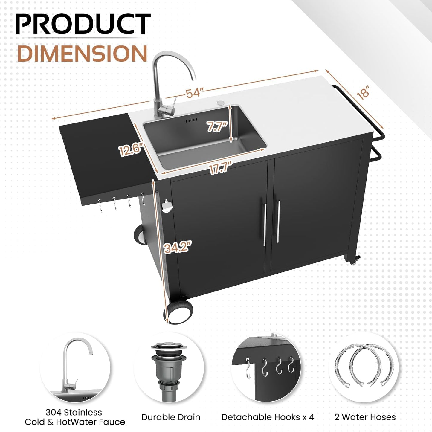 YODOLLA Grill Table with Sink, Stainless Steel Kitchen Island Cabinets Sink Station