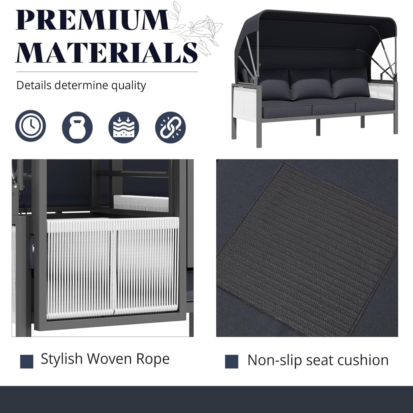 YODOLLA 4 Pieces Aluminum Patio Furniture Set, Retractable Canopy, Dark Grey