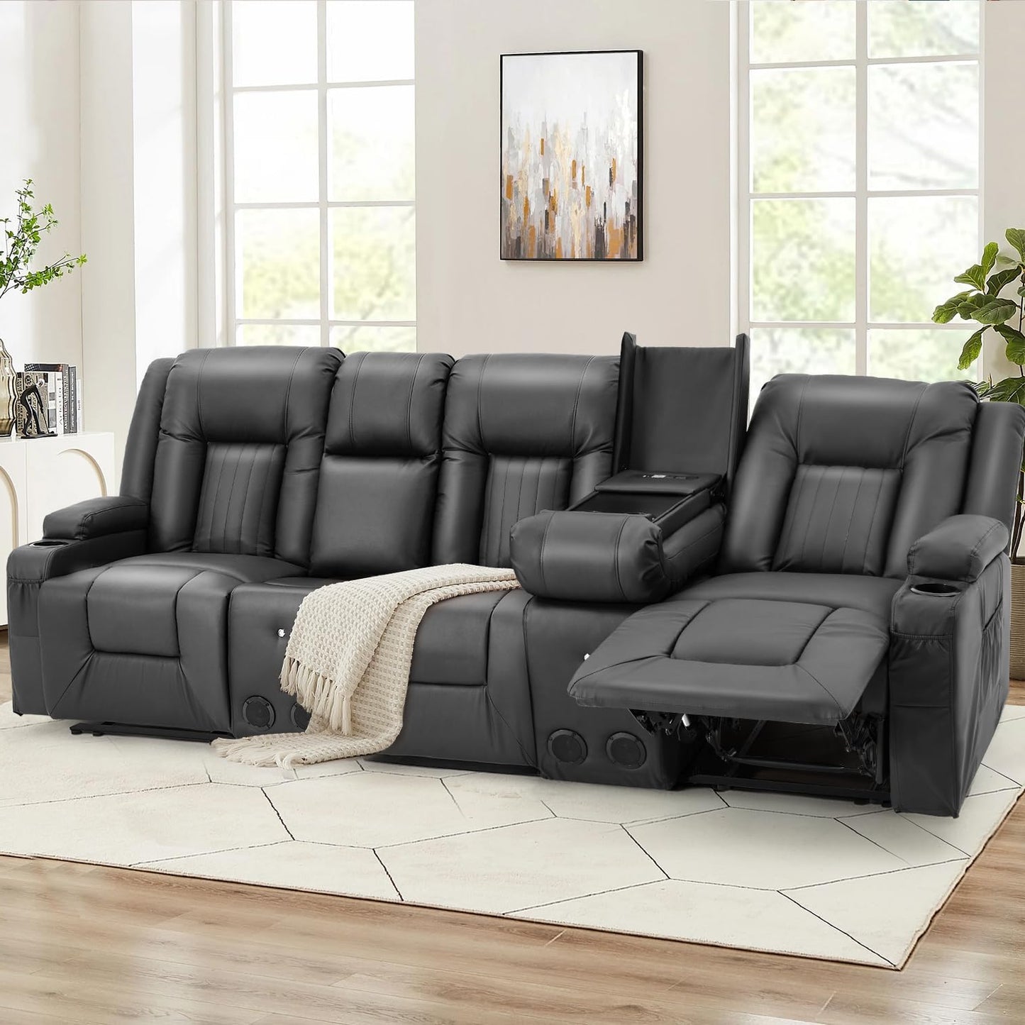 YODOLLA Faux Leather Recliner Sofa w/ 2 Consoles, Black
