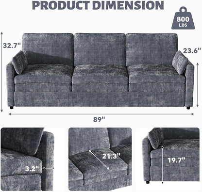 YODOLLA 89" Chenille Sofa, 3-Seater, 2 Removable Pillows, Black
