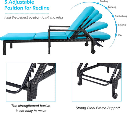 YODOLLA Outdoor Lounge Chairs, Black Rattan with Blue Cushion