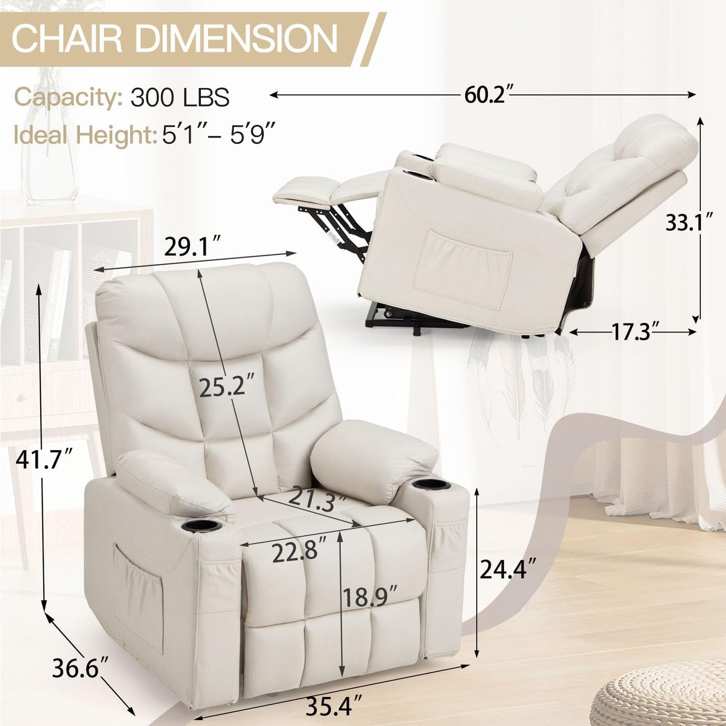 YODOLLA Massage Power Lift Recliner for Elderly, Faux Leather, Cream White